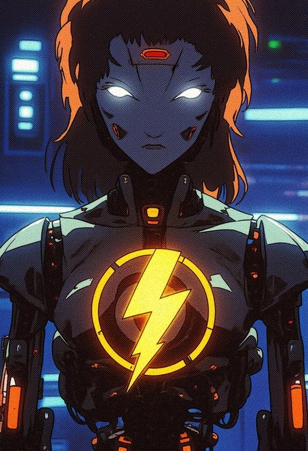 An android with visible mechanical parts that i powered by a yellow lightningbolt symbol in her chest. Text on screen "Buzz Bot"