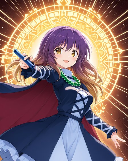 hijiri byakuren,1girl, danmaku, solo, sorcerer's_sutra_scroll, cape, beads, open_mouth, layered_dress, smile
<lora:hijiri_byakuren_image2907_2023-12-20:1>,star-shaped_pupils,symbol-shaped_pupils,. gorgeous,key visual, vibrant, studio anime,award-winning, professional, highly detailed,high budget, cinemascope