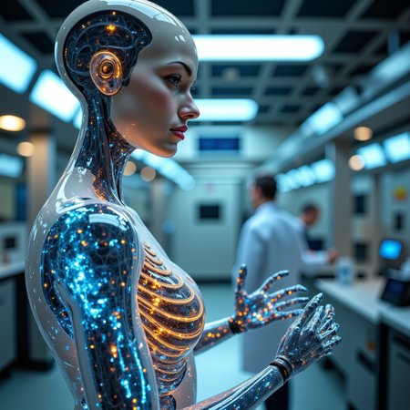 the most realistic, photorealistic photo ever taken [PORTRAIT SHOT, extremely detailed, 8k, BEAUTIFUL FEMALE ANDROID, IN A HIGH TECH FUTURISTIC LABORATORY, LEDS, BIOMECHANICAL BODY PARTS, (body parts covered with skin:1.5), (glass TRANSPARENT ULTRA DETAILED BODY shell:1.5) SHOWING blue and gold CIRCUITRY shining bright INSIDE THE BODY, Detailed hand, (DYNAMIC POSES :1.5), Detailed hand, Hand, Perfect hand, aidmamj6.1 ]