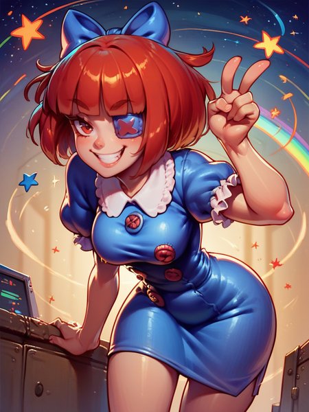 score_9, score_8_up, score_7_up, 1girl, naughty face, leaning forward, sexy pose, leaning forward, very happy, looking at viewer, space, dynamic pose, cowboy shot, colorful room, v,
 <lora:ARagathaV2_character:0.85>, RagathaXLP, red hair, single blue eyepatch, buttons, hair bow, dress, puffy short sleeves, blunt bangs, cartoon,
