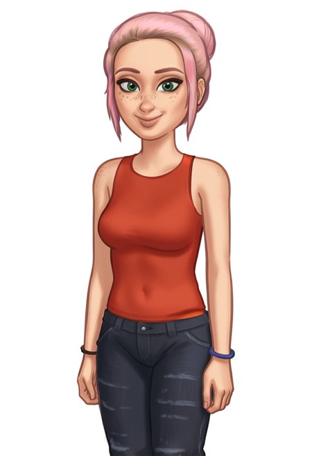 1girl, solo, Br00klynn, green eyes, freckles, pink hair, short hair, single hair bun, bracelet, red tank top, black pants, denim, torn pants, sneakers, white footwear, <lora:Brooklynn - Camp Cretaceous-000010:1>,  looking at viewer, smile, <lora:SummertimeSagaXL_Pony Reupload:0.9> Drawn in the style of Summertime Saga, cowboy shot, standing, white background, simple background,