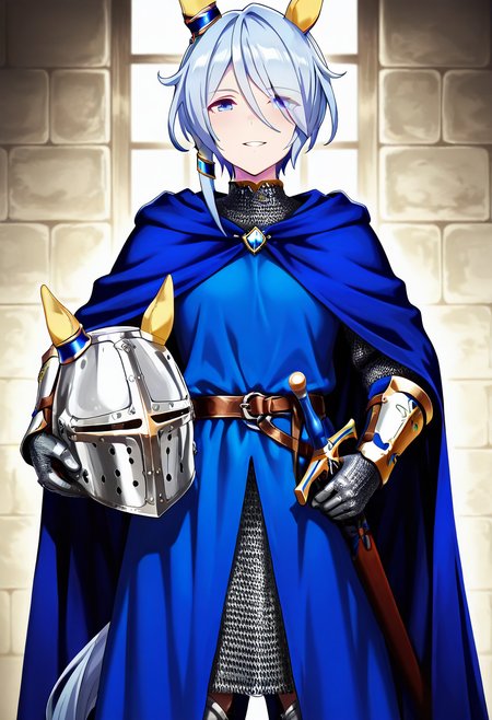 masterpiece, best quality, absurdres, detailed skin, detailed eyes, anime colored, anime screencap,
 k.s.miracle \(umamusume\),  horse girl, horse tail, smile, mouth open, no headwear,
<lora:Great_Helm:0.8>, chainmail, ((holding helmet)),  sword, sheathed, blue cape, gauntlets,