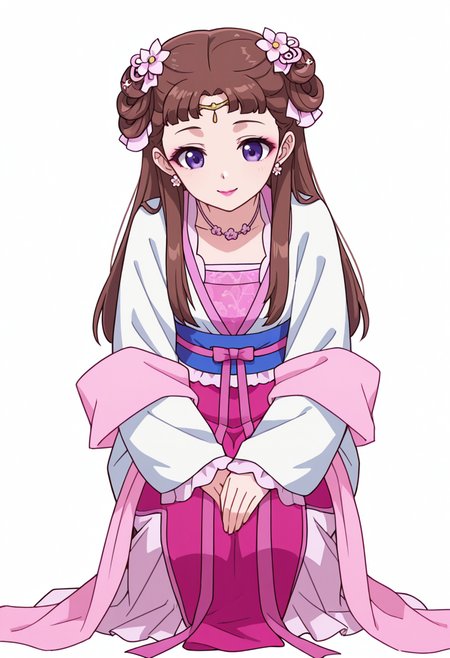 Smooth Quality,masterpiece,very intricate, high quality details, ultra realistic, high detailed skin,detailed enviorement,absurdres,
partially undressed, 
 <lora:Lishu_CNR:0.8> lishu_cnr,brown hair, long hair, purple eyes, makeup, lipstick, lishu_pink_cnr,hanfu, dress, long sleeves, sash, shawl, circlet, flower earrings, necklace,hair flower, hair rings, hair bun,, simple background, white background, front view,
crouching, hands together, foot forward, intense, ready,  ,happy,