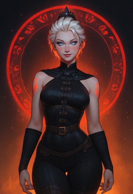 masterpiece,best quality, highly detailed, score_9, score_8_up, score_7_up, score_6_up, score_5_up, score_4_up, Expressiveh, Elsa, solo, portrait, athletic body, looking at viewer, platinum hair, short hair,fully clothed,  
Blue eyes, thick tighs, wide hips, detailed belly, smile, happiness,gothic clothes, black hunter attire,black collar shirt, black hunter corset, tactical pants, combat tiara, daggers ,belts,hunter cloak, sexy, seductive, blush, castle,night, perfect hips, perfect thighs, neckless, black chocker, hair ornaments, full body, heels, boots,  conjuring spell, ancient ice magic , wide hips, thick thighs Flashice glowing runes, graceful, dancer-like movements, ice magic, frost, chilly aura, void magic, breathtaking display of color, Fae, ethereal beauty, supernatural powers, elemental magic, sharp focus, depth of field, Flashice glowing runes,Close up, runes on body, glowing body tattoos, glowing eyes, glowing tattoos, glowing runes,