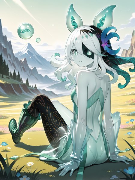 monster girl, icejade acti, solo, 1girl, grass, mountain, flower, sitting, looking back, bright pupils, outdoors, smile, green theme, green bubble, parted lips, hair flower, white background, simple background, full body, see-through body, see-through gloves, see-through dress, see-through knee boots, from behind, heterochromia
masterpiece,best quality,amazing quality,very aesthetic,absurdres,newest,<lora:Icejade Acti illuXL v1.2:0.83>,