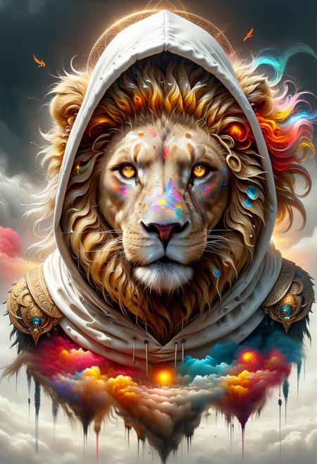 mixed abstract elements. bright, atmospheric atmosphere. Glitch art background. metallic textures. Contrast with gold, white and a hint of red. Smeared paint and scratches. Artwork. female person and a lion. female person covered by a hood. Mystery and isolation. Hood is white, with complex patterns. foggy background. sun visible. Birds in the distance. At the center of the artwork is a large, detailed image of a lion.  photorealistic style, feeling of depth and realism.  harmonious and loving atmosphere. Elements of nature and love with a touch of surrealism
perfection style, vivid colors, colorful, dvr-hgh-fnt, art by mooncryptowow