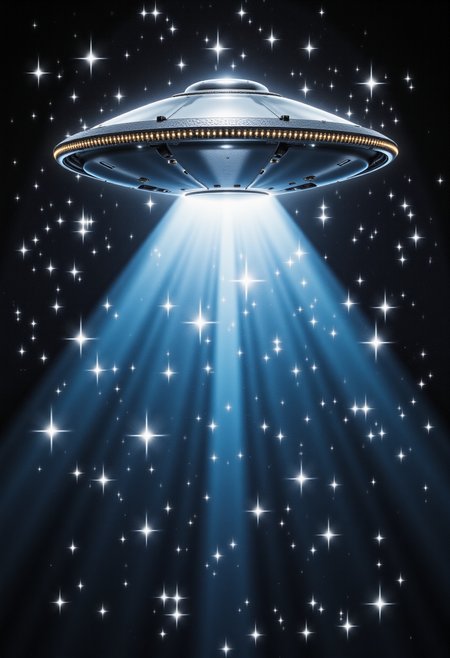 a UFO in the night sky surrounded by sparkling effect