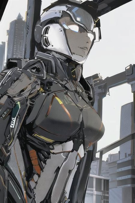 upper body, 1girl, gorgeous woman, black hard surface mech, ex-suit mech, short hair, black ex-suit mech, upper body, mechanized girl, tree, city street,