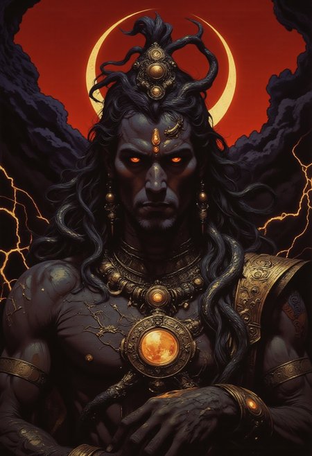 ("Highly detailed", hyper-realistic, dramatic, high fantasy digital art) of a man inspired by Shiva’s human form. His ashen blue skin glows with divine energy, his chiseled features sharp under the soft moonlight. Long, wild dreadlocks cascade over his shoulders, adorned with glowing rudraksha beads. A crescent moon symbol gleams on his forehead, with faint glowing markings and a third eye mark above his brow. His piercing amber eyes burn with ancient wisdom and power. A serpent coils around his chest, and his body is marked with ash-like tattoos. The background is a deep crimson sky with dark, shifting clouds, illuminated by golden light. Energy crackles around him, exuding mysticism and strength, with dynamic contrasts of light and shadow creating an intense, hypnotic aura.