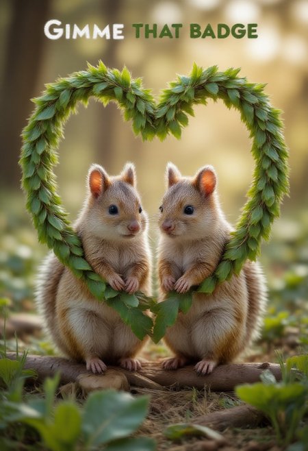 smolcute, tiny, green natural text above the image that says: "GIMME THAT BADGE". under a heart-shaped heart made of leaves there are two squirrels in the forest close to each other, professional photo, blurry soft background