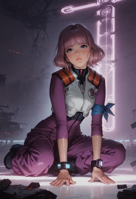 score_9, score_8_up, score_7_up,source_anime, 1girl,Midori Kitakami,purple jumpsuit, white vest, blue armband, boots,, black bodysuit, blue armband,, lustful, looking up, heavy blushing, shiny skin, wet skin, eye contact, petite ass, on the floor, detailed background, inside, futuristic, neon lights, volumetric lighting, vivid colours, g0thicPXL, glowing, neon, ass focus, natural lighting,, professional lighting, perfect quality, high quality, photorealistic, (((supermodel))),((goddess))