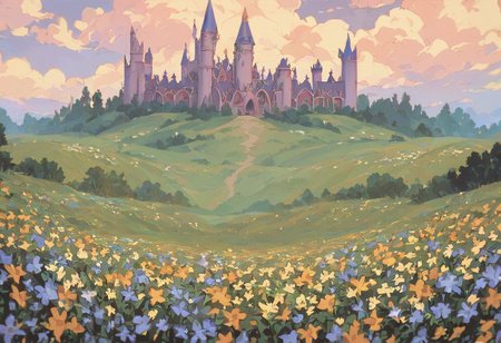 score_9, score_8_up, score_7_up, score_6_up,
nature background, flowers, flower frame, small clouds, fields, flower field, castle in background,  castle, vintage, film grain