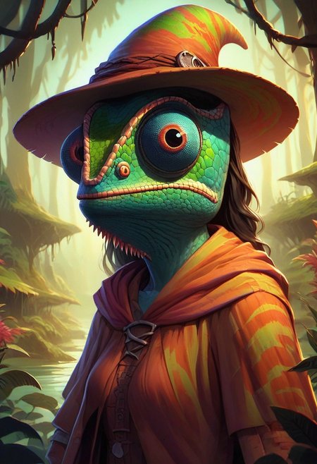 score_9, score_8_up, score_7_up, chameleonfolk, 1woman, witch, colorful outfit, swamp background