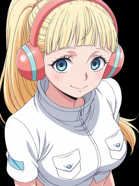 1girl, solo,
h1bar1, blonde hair, blue eyes, ponytail, blunt bangs, 
headphones,
cropped shirt, breast pocket, short sleeves,
upper body, smile, looking at viewer, 
anime screencap, anime coloring, 
 <lora:Hibari Illu:1>, masterpiece, best quality, amazing quality,, (simple background, black background:1.5),