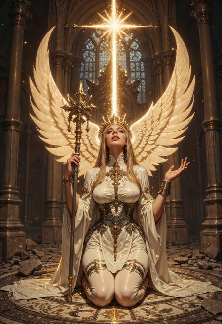 In the center of a ruined cathedral, a serene cleric kneels in prayer, her hands glowing with divine light. Her flowing robes are pristine white, trimmed with gold filigree, and her silver circlet catches the faint rays of sunlight piercing through the shattered stained glass windows. A celestial mace rests by her side, its head shaped like a blazing sun, radiating warmth and hope. Her soft yet determined gaze meets those who approach her, offering solace and protection. Around her, the ground is covered in sigils glowing faintly, warding off the encroaching darkness. Ethereal wings of light emerge from her back, illuminating the despairing world with a promise of renewal and salvation.