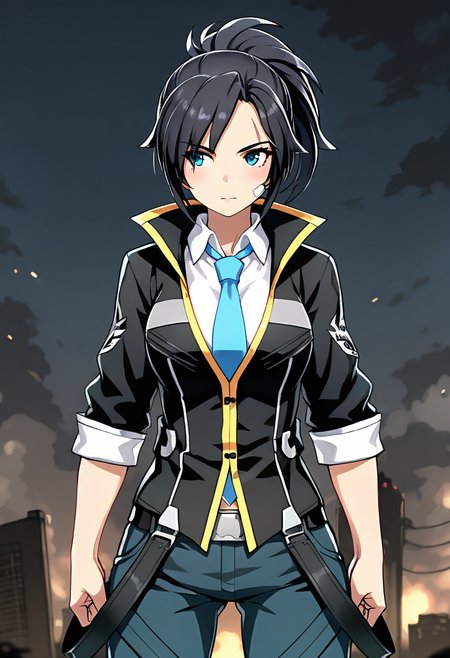 <lora:jinsepatus_IXL:0.7> 1girl,jinsepatsu,black hair,scar,bandaid on face, ponytail, front view,white shirt,blue necktie, jinclassicoutfit,black jacket,blue pants,belt
,best quality,masterpiece