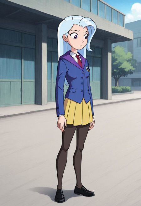 masterpiece,best quality,amazing quality, source_anime, full body shot, 1girl, solo, TrixieHuman, TrixHat, school uniform, shirt, white shirt, collared shirt, necktie, red necktie, jacket, blazer, blue jacket, long sleeves, skirt, yellow skirt, pantyhose, black pantyhose, shoes, black footwear, TrixCloak, standing, outdoors,
