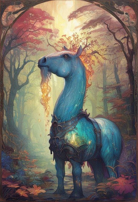 score_9, score_8_up, score_7_up, rating_questionable,score_9, score_8_up, score_7_up, BREAK 
Deep within a mystical forest, a group of knights clad in teal armor gather around a glowing, ancient tree. Each knight wields a sword imbued with a soft, ethereal blue light. The forest is alive with vibrant colors, with luminescent plants and ethereal mist creating a surreal atmosphere. The scene is painted in a rich, detailed style reminiscent of the works of Arthur Rackham, capturing the magical and otherworldly essence of the enchanted forest. The knights, with their intricate armor and determined expressions, add a heroic element to the serene and mystical setting.
, the scene is captured in dimly lit dark fantasy but vibrant colors, with bold ink lines defining form against the watercolor wash of the aged paper
(Art Noveau), ArsMJStyle,  <lora:ArsMJStylePony_-_Art_Nouveau-000009:1.5>
