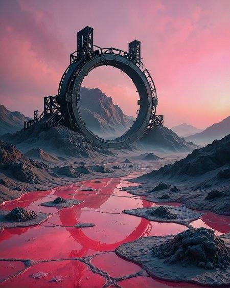 Surreal Landscape, Creator Landscape,
(style ofArkhip Kuindzhi (chromatic effects)), Salt flats reflecting pink horizon, lichen bio crust on dunes, iron ore mining headframe, 
<lora:ClassipeintXL2.1:0.224> oil painting,
<lora:extremely_detailed:0.692> extremely detailed,
<lora:add-detail-xl:0.910>, 
<lora:dreamshaperXL10_lora:0.788>, 
 <lora:Flux-XL_Scenery: 0.808> flux-scenery,
detailxl,
advntr,