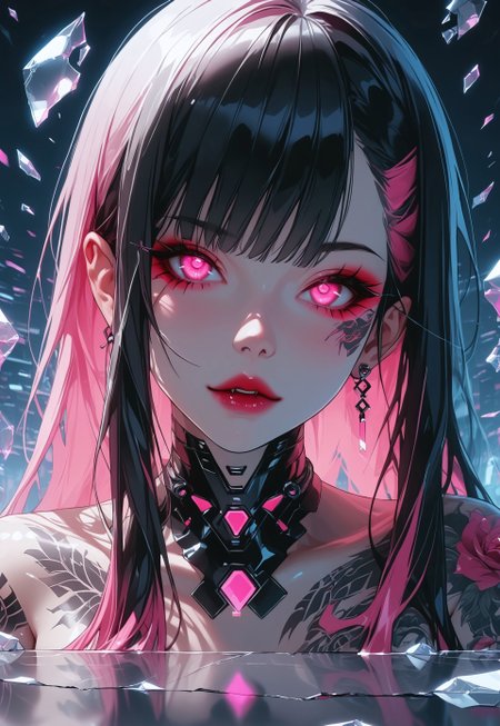 safe_pos, score_9, score_8_up, score_7_up rating_questionable, rating_explicit, nsfw, uncensored /BREAK/ dark theme, black background, vampire girl 18 years old, (pointy ears:0.7), black hair, pink hair highlights, long hair, pink eyes, glowing eyes, small breasts, posing, tattoos, tattoo, glass shards, reflection, broken glass,  Futuristic, Neon, /BREAK/ hyper detailed, ultra detailed, hight resolution textures, masterpiece, best quality, 32K UHD, epiCRealism, t4ts, Expressiveh, Jed-NeonInt