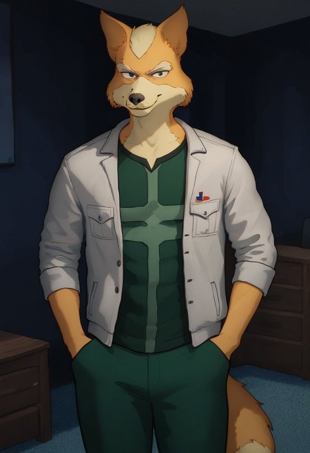 score_9_up, score_8_up, score_7_up, Masterpiece, best quality, high quality, detailed, male, solo male, 1boy, Fox McCloud, anthro, fox, mature male, animal ears, tan yellow fur, thick eyebrows, green eyes, athletic build, wide hips, thick thighs, indoors, looking at viewer, standing, hands in pants pockets, smiling, green shirt, white jacket, green pants, half body
