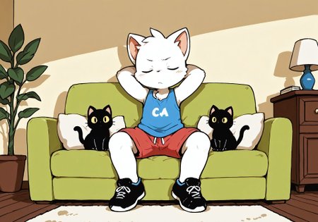 masterpiece, high quality, vibrant colors, cel shading, polished details, soft gradients, clean lineart, crisp edges, expressive character, detailed background, smooth blending, artistic composition, studio animation quality, dynamic pose, atmospheric perspective, furry, furry male, 1boy, cute, young character solo, white mixed with black cat, blue sleeveless shirt, red shorts, white mixed with black shoes, living room, sitting in a sofa, hands behind head, bored face, closed eyes