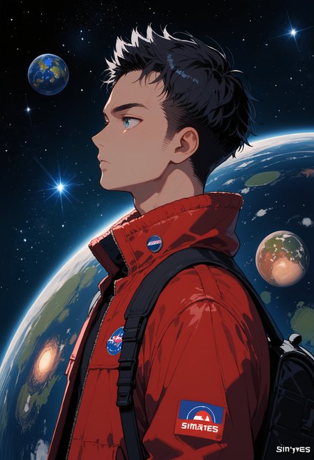 score_9, score_8_up, score_7_up,source_anime,1boy,solo,black hair,pompadour hairstyle,blue eyes,perfecteyes,eyebrows,high neck bomber jacket,(red bomber jacket),nasa logo,dark blue backpack,nebula,interstellar,cosmos,planet earth,standing,from the side,side view,sinozick,flat colors