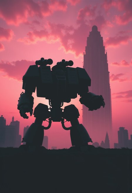enistyle, A monochrome Photo of a dystopian Landscape, eerie billowing Clouds, a towering black silhouette of a broken war-mashine warhammer space marine dreadnought mechwarrior infront of a bleaked atmospheric lighting, desolate skyscraper ruins, bleaked pink/orange sundawn