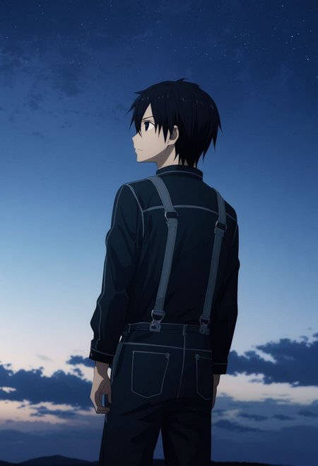 high resolution, professional photography, best quality, 1Boy, Kirigaya Kazuto, Black Hair, Black Eyes, overalldetail, existential longing, ultimate sky