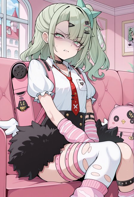 1girl, green hair, medium hair, gradient eyes, green eyes, pink eyes, single sidelock, x hair ornament, side ponytail, ribbon, choker,  white shirt, necktie, short sleeves, puffy sleeves, arm warmers, skirt, fur trim, asymmetrical legwear, leg warmers, backpack, sitting, couch, indoors, mansion, disgust, looking at viewer   <lora:Chinatsu_Remiel_zzz_illus:1>, masterpiece, best quality, amazing quality, very aesthetic, absurdres, highres, newest
