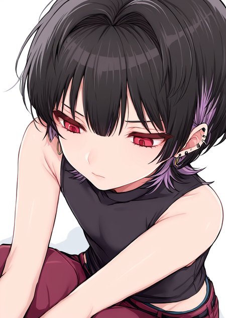 <lora:ShimizuAkina250208:1>,ShimizuAkina,OcBoy,solo,1boy,male focus,black hair,earrings,multicolored hair,white background,jewelry,red eyes,looking down,simple background,shirt,closed mouth,black shirt,androgynous,sleeveless,otoko no ko,piercing,ear piercing,<lora:NOOB_vp1_detailer_by_volnovik_v1:1>,<lora:noobai_ep11_stabilizer_v0.138_fp16:1>,full_shot,full body,