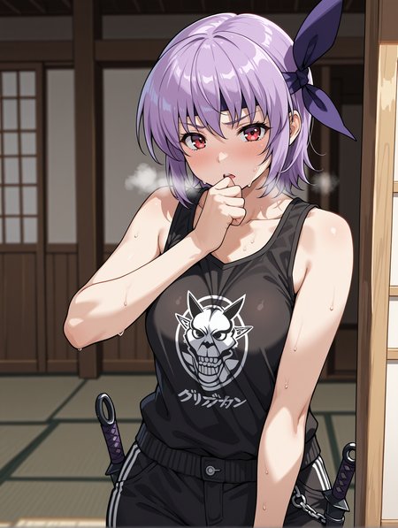 <lora:ayane-illustrious-000004:1> ayane, headband, streetwear, sweat, heavy breathing, 1girl, solo, kunai, east asian architecture
masterpiece, best quality