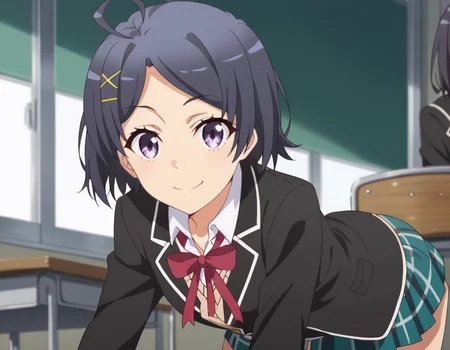 score_9, score_8_up, score_7_up, source_anime,
komachihikigaya, <lora:komachi-hikigaya-s2s3-ponyxl-lora-nochekaiser:1>,
komachi hikigaya, short hair, black hair, hair ornament, ahoge, hairclip, x hair ornament, purple eyes,
skirt, ribbon, school uniform, jacket, black jacket, plaid, plaid skirt, blazer, sobu high school uniform,
indoors, classroom, bent over, smile,
looking at viewer, cowboy shot, solo, dutch angle,