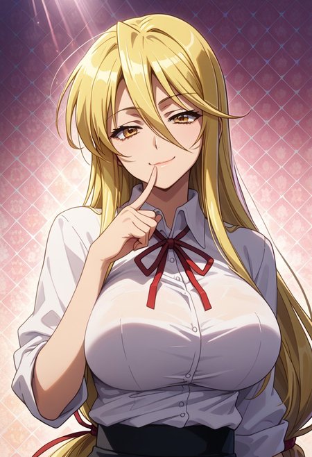 score_9, score_8_up, score_7_up, 1girl, solo, looking at viewer, anime coloring, upper body, close-up, portrait, 
<lora:Shizuka_Marikawa_Dwnsty:0.8>, shizuka_marikawa, blonde hair, yellow eyes, long hair, low-tied long hair, hair between eyes, sidelocks, white shirt, collared shirt, red ribbon, neck ribbon, black skirt, long skirt, pencil skirt, 
lips, huge breasts, light smile, mature female, finger to mouth, smirk, naughty face, 
sunlight, abstract background, argyle background, rainbow, heart, 
 <lora:Hotd_Artstyle_Dwnsty:0.7>