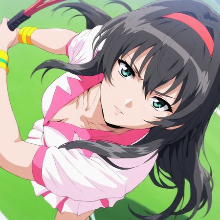 masterpiece,high score,great score,absurdres,solo,looking at viewer,tennis uniform,skirt,<lora:Yuuri_Himeno ag4o v1:1> yuuri_himeno, black hair, long hair, green eyes, hairband,tennis stroke,racket,
