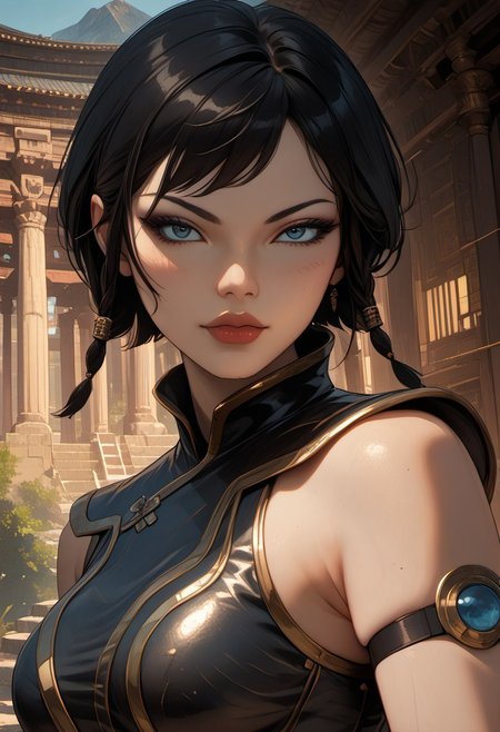 ((zPDXL3)), score_9, score_8_up, score_8, (sexy:2.5), Fantasy, perfecteyes, ultra detailed, high resolution, high quality, masterpiece, intricate details, intricate body, intricate landscape, knva, Expressiveh, European Instagram Model, upper body shot, low light, temple, mountaintop temple,
BREAK
Character: 1girl, solo, source_cartoon, mature female, sateleshandg, black hair, short hair, blue eyes, Asian, Asian features,
Clothing: armor, thigh boots, belt, 
Character Pose: confident stance, cocked hip, cowboy shot, beautiful, full lips, looking at viewer, closed mouth,
<lora:4th_tail_v0.3_lora_extract_l:0.60>