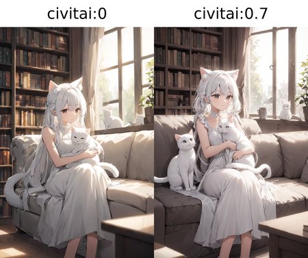 (masterpiece),(highest quality),highres,(an extremely delicate and beautiful),(extremely detailed),
a young girl with white hair and wearing a white dress sits on a couch, embracing a white cat, She has cat ears and a tail, showing her to be a feline creature like human,  with a window letting in natural light and a bookshelf full of various books, Nearby, one can see a cup placed on a table,
depth of field, blurry foreground, blurry background,
<lora:hinaigirl-animagine-civitai:0>