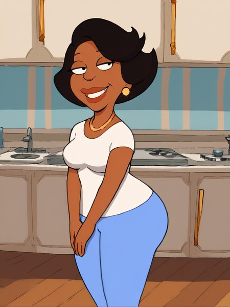 donna, dark skin, black hair, dark-skinned female, 1girl, jewelry, earrings, short hair, solo, necklace, flat color, shirt, white shirt, lipstick, pants, blue pants, mature female ,teeth,  <lora:DonaPony2.0:1>, smile, looking at viewer,  score_9, score_8_up, score_7_up, score_6_up, score_5_up, score_4_up