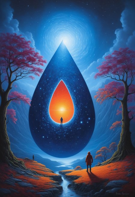 DB4RZ style painting dark art by Patrick McHale and Stephen Darbishire, Surreal cosmic scene, giant teardrop shaped planetary structure split open revealing colorful galaxy inside, small human figure for scale, barren alien landscape background, cosmic clouds in space above, vibrant colors transitioning from cool blues to warm oranges and pinks, highly detailed stellar formations, Streams of pure cobalt blue electron flow perfect one-dimensional channels of quantum conductivity, Perforated corten steel, polished micro-topping, and reclaimed chestnut,, Over the Garden Wall, dark fantasy, atmospheric storytelling, British landscape painting, Lake District scenes, atmospheric and moody landscapes
 (8k uhd:1,4)
 <lora:add-detail-xl:1>
 <lora:Dynamic Poses:1>