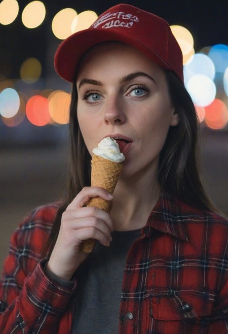 A 30yo woman eating a cone icecream.  blue eyes. perfecteyes
Wearing Jeans and Plaid red shirt with a hat/cap red. 
Long dark black slick back hair. No makeup.
Night time, Street light. 
Looking at camera POV. 
Medium Close Up shot.
Bokeh. Bokeh light.  
Blurred background.