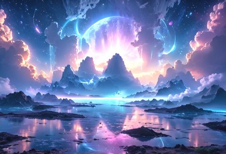 serene night, beautiful sky, Complex landscape, best quality, pastel colors, light blue tint, Ethereal, Effulgent, Idyllic atmosphere,  Tranquil,  ethereal quality, cinematic volume, Twinkling lighting, glowing aura, global illumination,  glowneon, Anisotropic Filtering, Unrivaled Opus, Unconventional, hyper detailed, HDR,