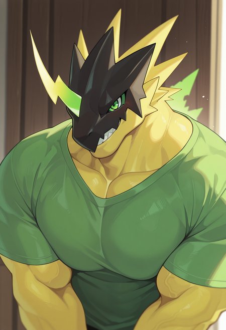 masterpiece, best quality, amazing quality, 1boy, solo, BulkmonDM, Green eyes, shirt, upper body, smile
