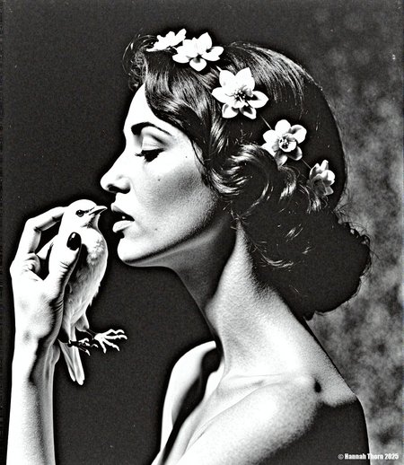Generate a black and white photographic portrait, chest-up, in the style of Helmut Newton and Peter Lindbergh, reminiscent of classic photojournalism. The subject, a woman with waved hair adorned with a floral circlet, is in profile, subtly angled towards the viewer.  She holds a small bird gently near her face, its beak close to her lips; her eyes are closed, her expression serene.  Employ dramatic chiaroscuro lighting with strong shadows and stark contrasts, emphasizing textures and creating depth.  The background is dark, blurred, and undefined.  A grainy film aesthetic, reminiscent of a vintage print, is crucial.  The image should exhibit a monochromatic palette with a strong sense of intimacy and mystery, achieving a compelling interplay between light and shadow à la Caravaggio, and a subtly sensual mood evocative of Edward Weston's nudes. <lora:_Flux\_Photographer\Helmut_Newton-000001.safetensors:0.85:0.85>