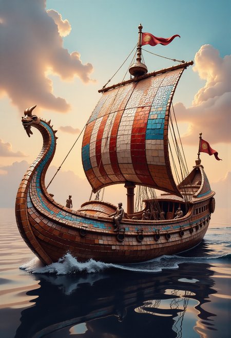 viking ship made out of colorful mosaic, dragonhead prow, intricate patterns, patchwork sails, shimmering, sunset, ocean reflection, artistic, handcrafted, medieval ship