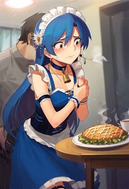 cad, score_9, score_8_up, score_7_up, source_anime,
1girl, blue stage, lace curtain, (smoke:1.2),  stage lights, 
 <lora:KisaragiChihaya_pony_v1:0.8>
ksrgchy, very long hair, blue hair, bangs,  brown eyes, flat chest,  luxury dress, blue dress, lace trim, sleeveless, elbow glove, hair ornament, hair flower,
lipstick,  jewelry,  earrings, necklace, bracelet,
inside, restaurant, barmaid outfit, carrying plate with food,
collar with cowbell, maid headdress, carrying plates, indignant, crying, defeated, embarrassed, blushing, bent over, vibrator in thigh strap,
men offscreen, 1boy, height difference, hand on another's breast, groping