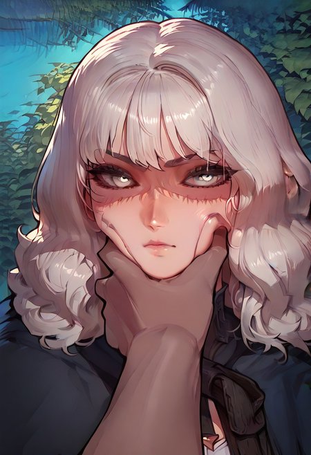 anime artwork, score_9, score_8_up, score_7_up, score_6_up, score_5_up, drowsinue, grey corset, grey cape, white shirt, black right arm, armor, white hair, wavy hair, medium hair, ((grey skin)), white eyes, masterpiece, best quality, serious, score_9, score_8_up, score_7_up, source_anime, close up, <lora:Floox_Style:1>, detailed eyes, detailed hair, povcheekgrabbing, solo focus, hand on another's face, white hand on face, pale hand,