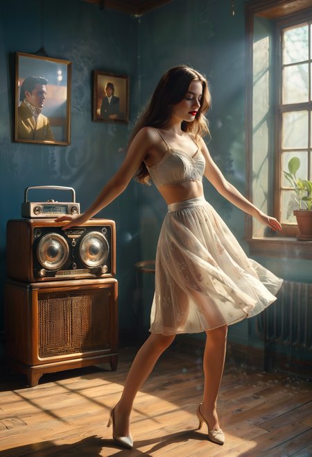 (Photorealism:1.6), cinematic film still, a woman in a dress is dancing in the living room with an antique radio in the background, Elizabeth Polunin, cinematic photography, a photorealistic painting, arabesque, Fujifilm Superia Venus 800 rendered in unreal engine, photorealistic <lora:add-detail-xl:1.2>