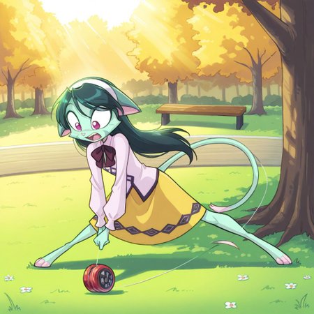score_9, score_8_up, score_7_up,lilith_calah,
1girl,solo,furry,tail,dark green hair, source_furry,
 ,<lora:lilith_calah_illustrious:0.8>,
child, kid,
Playing with a Yo-Yo, yo yo, cute, , long_hair, hairband, yellow_skirt, blouse, bowtie, yo-yo, spinning, outdoors, sunlight, park, grass, trees, dynamic_pose, detailed_clothing, vibrant_colors, wooden_bench, flowers, soft_highlights, summer,