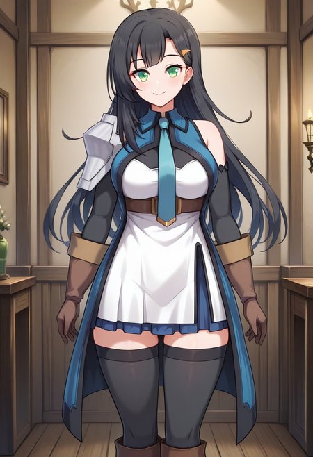 1girl, Lia-Liver020-Wattpad, solo, black hair, long hair, blue tie, necktie, detached sleeves, bangs, green eyes, brown gloves, bare shoulder, brown boots, hair ornament, ornaments, shoulder pad, black stockings, long stockings, white dress, brown belt, blue tunic, blue skirt, thighs, large breasts, milf, cute smile