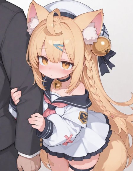 arm hug, blush, shy, solo focus, 1girl, solo, long hair, blonde hair, multicolored hair, white hair, ahoge, yellow eyes, animal ears, animal ear fluff, braid, white headwear, hair bell, hair ornament, blue hairclip, choker, neck bell, white dress, off shoulder, sailor collar, pink neckerchief, puffy long sleeves, thigh strap, bandaid on leg, tail, very awa, masterpiece, best quality, amazing quality, absurd res, hi res, highres,